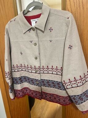 Coldwater Creek Beige Jacket with Red & Navy Embroidery